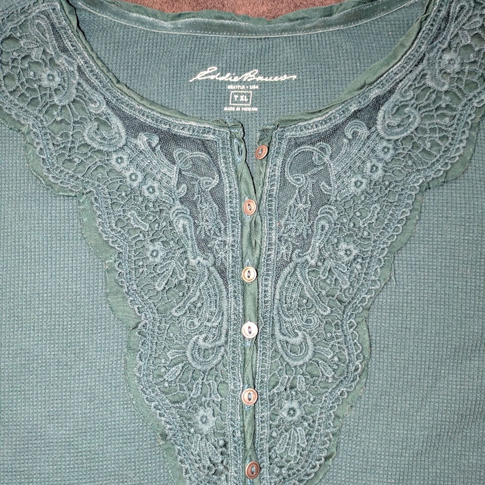Eddie Bauer Women's Lace-Trim Long Sleeve Top - Dark Teal - Picture 4 of 5